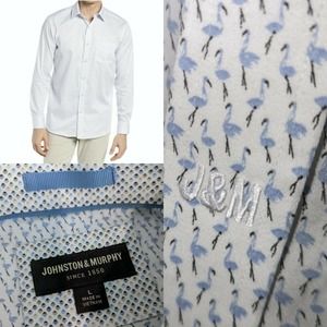 JOHNSTON & MURPHY 2021 Flamingo Microprint Button-Up Shirt White and Blue LARGE